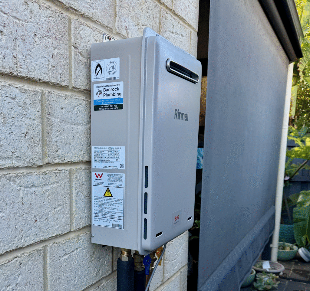 Rinnai B20 continuous flow hot water system installed in The Vines with valves, pipework, and insulation.