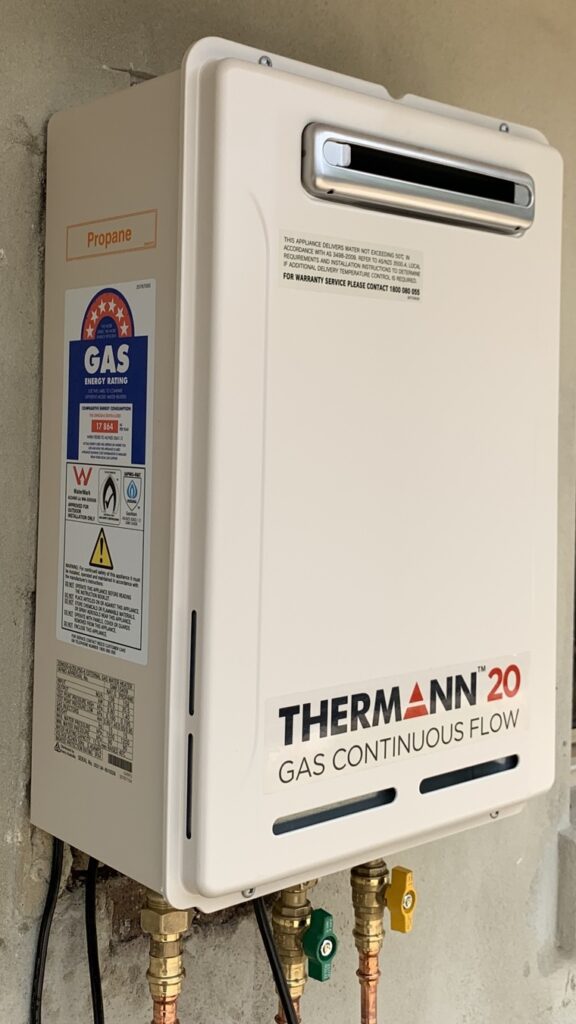  Thermann 20L propane gas hot water unit installed on a house wall in Bullsbrook.